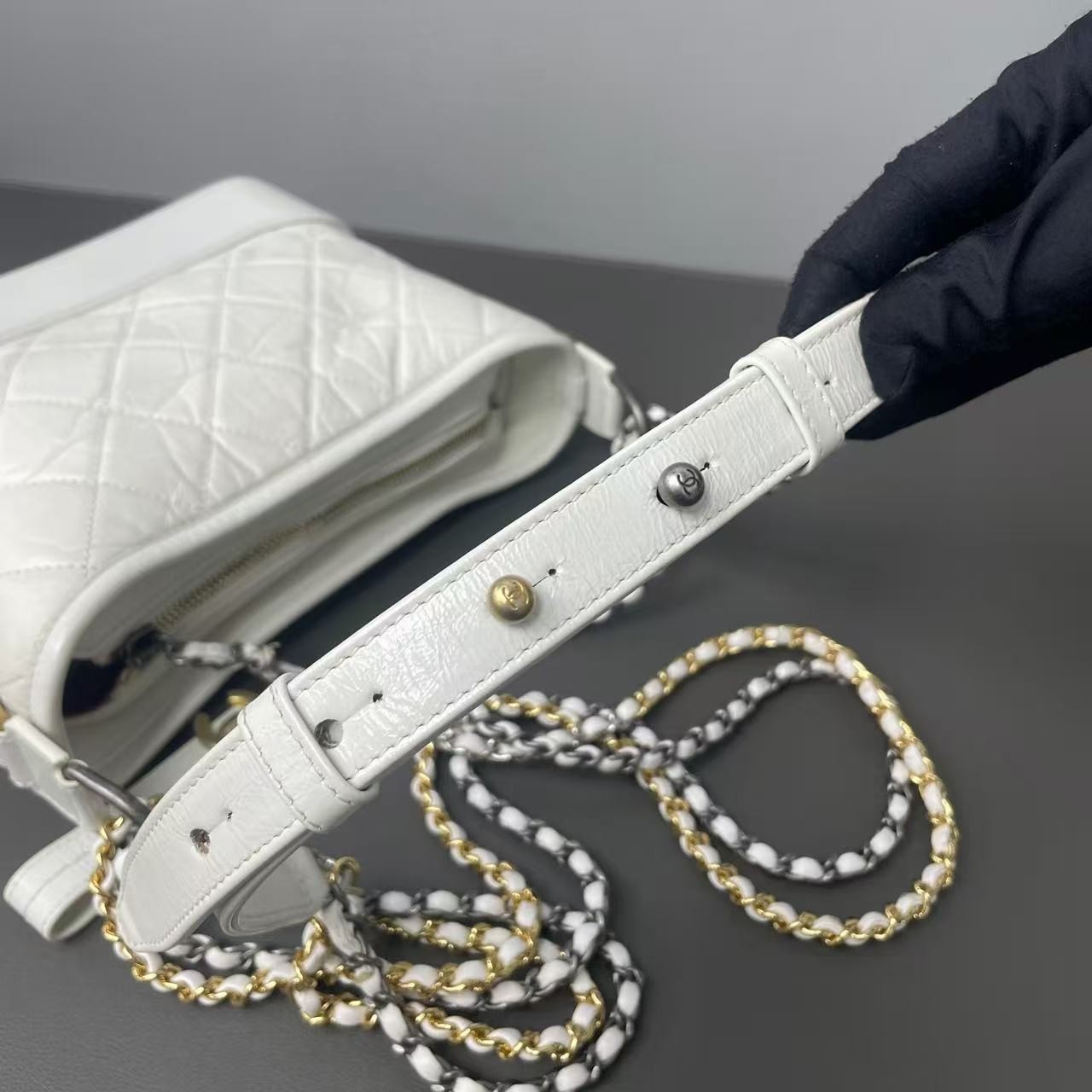 Chanel Gabrielle Small Hobo Bag White Aged Calfskin 3-Tone Hardware 100% Auth