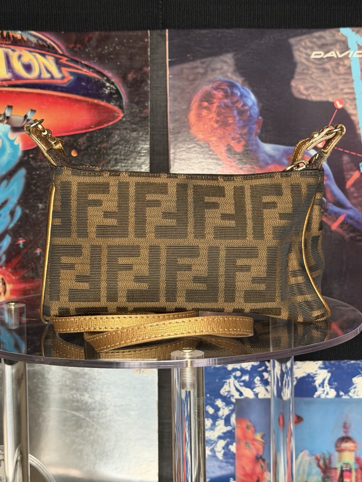 Fendi Brown Zucca Monogram Small Shoulder Bag Zip Closure Detachable Strap