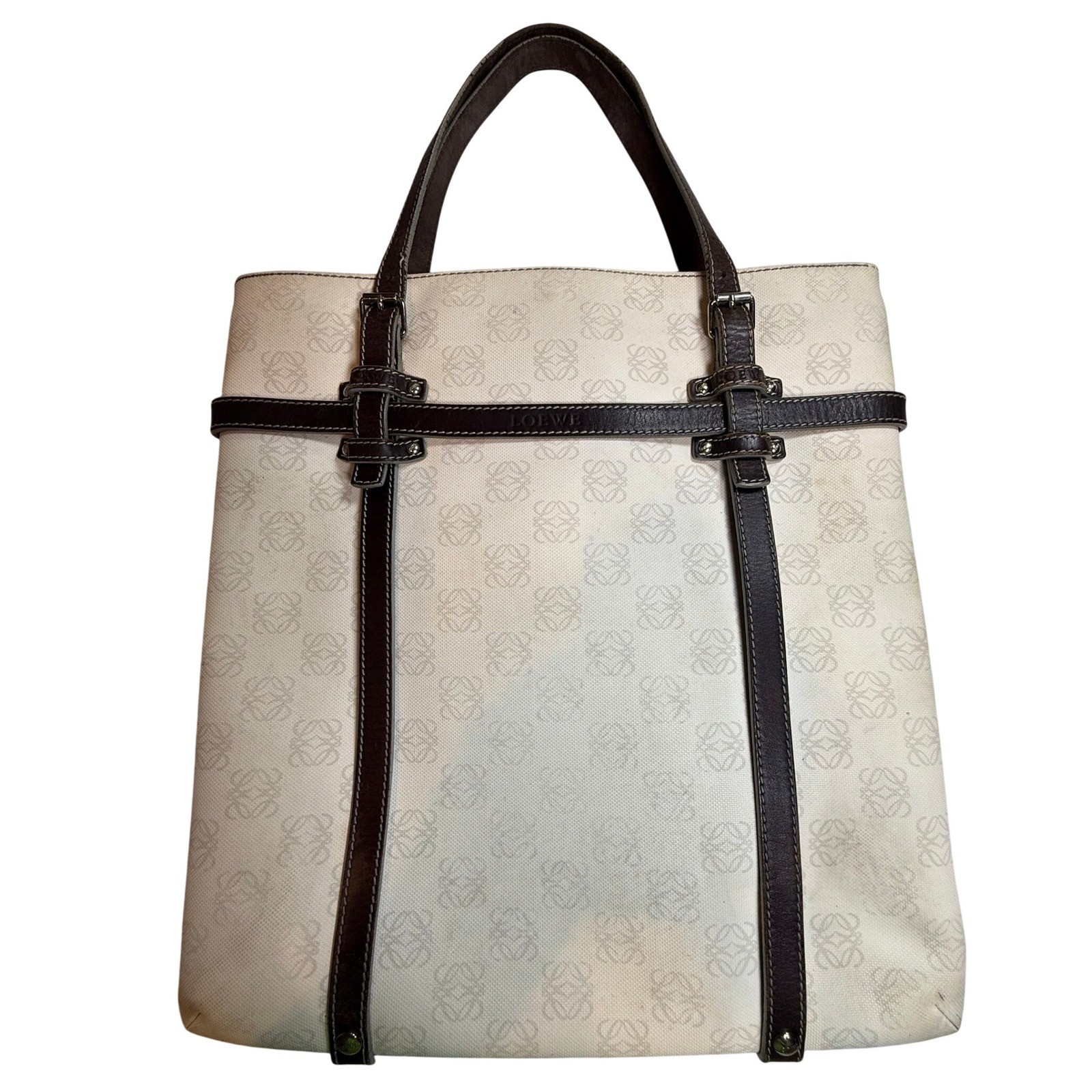 Loewe Anagram Monogram Canvas Leather Tote Bag White Brown Vintage