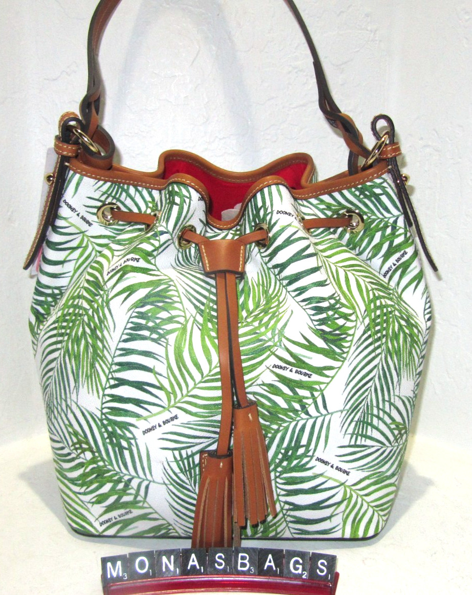 Dooney & Bourke Tasha Drawstring Bag White & Green Ferns Leaves NWT $328
