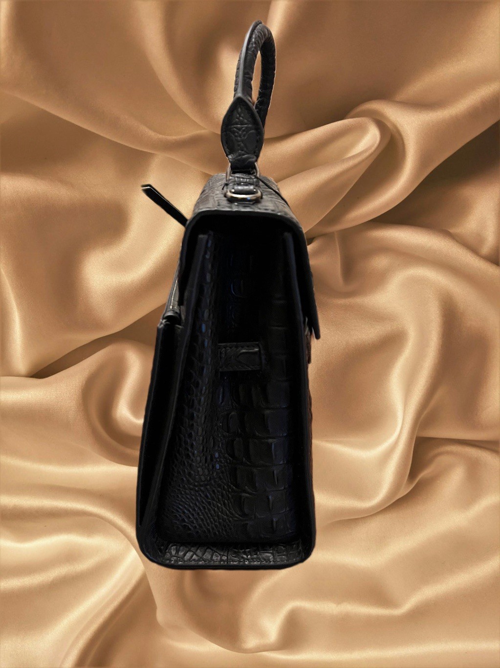 Raviani Black Crocodile Embossed Leather Satchel Bag.