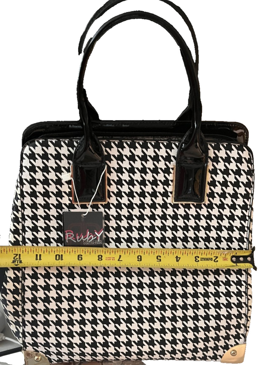 Ruby Collection Houndstooth Satchel Black White Bowler Handbag Gold Trim USA NWT