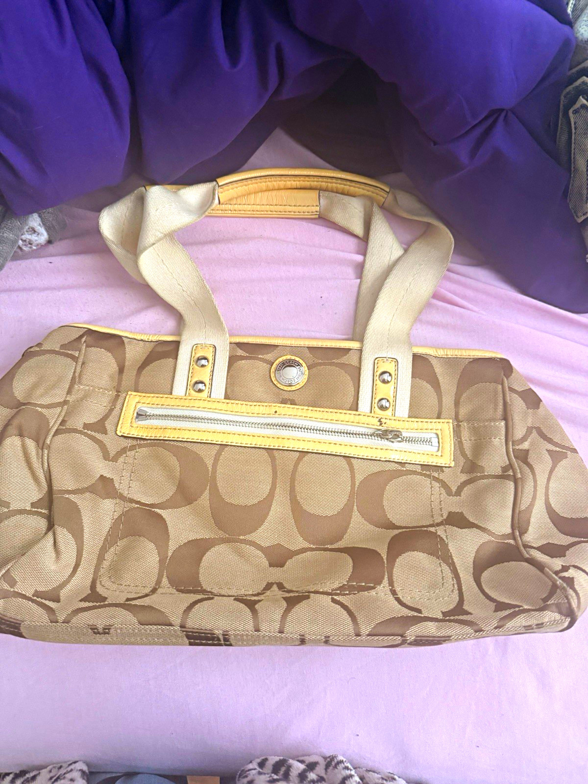 Coach Signature Logo Satchel Top Handle Beige Brown Zip, Detachable Strap