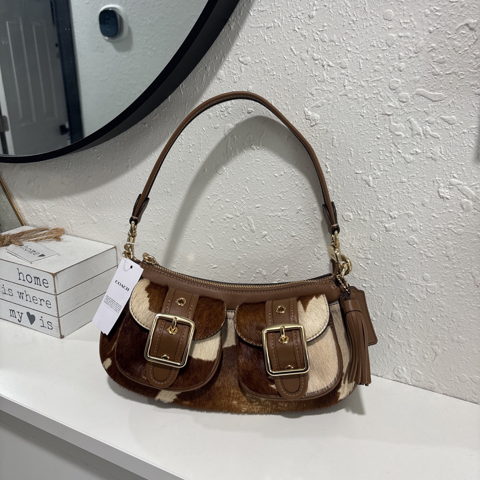 Coach Ashton Shoulder Bag In Haircalf With Cow Print Gold/Cow Multi CDW47 NWT