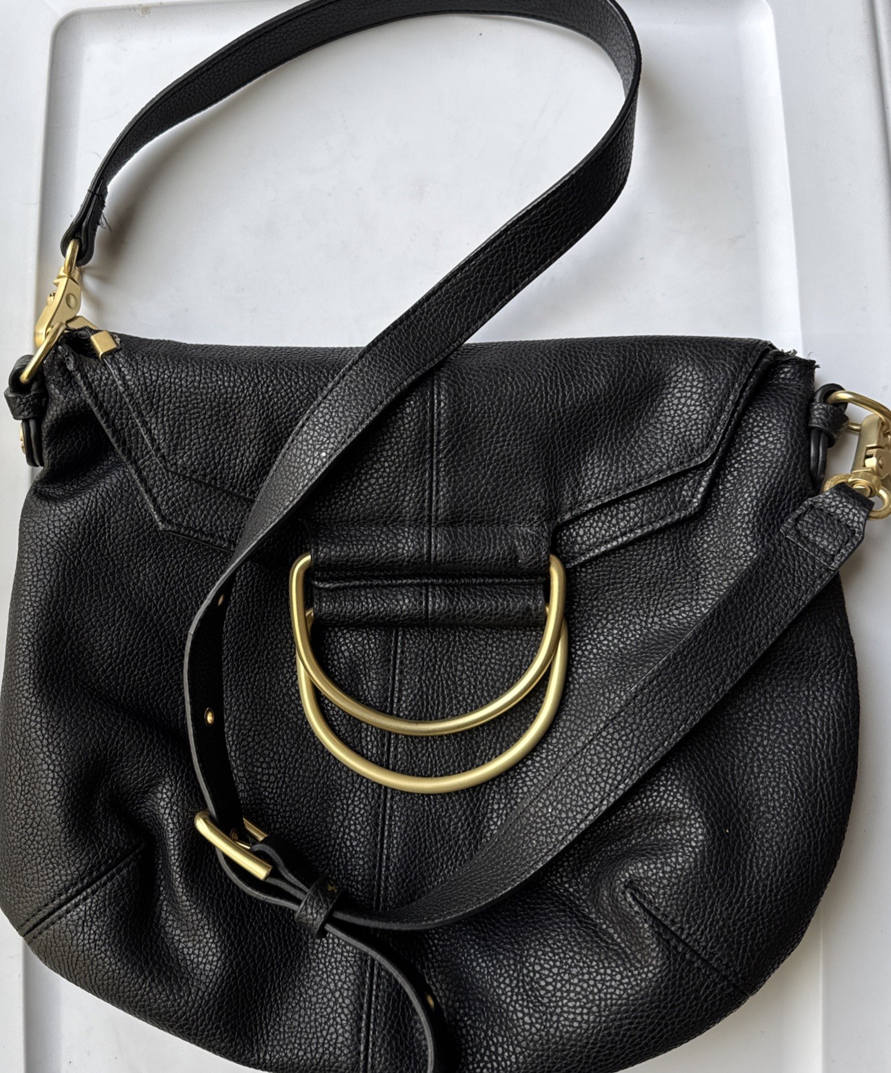 Foley & Corinna Shoulder Bag Black Faux Leather Gold Hardware Fold Over
