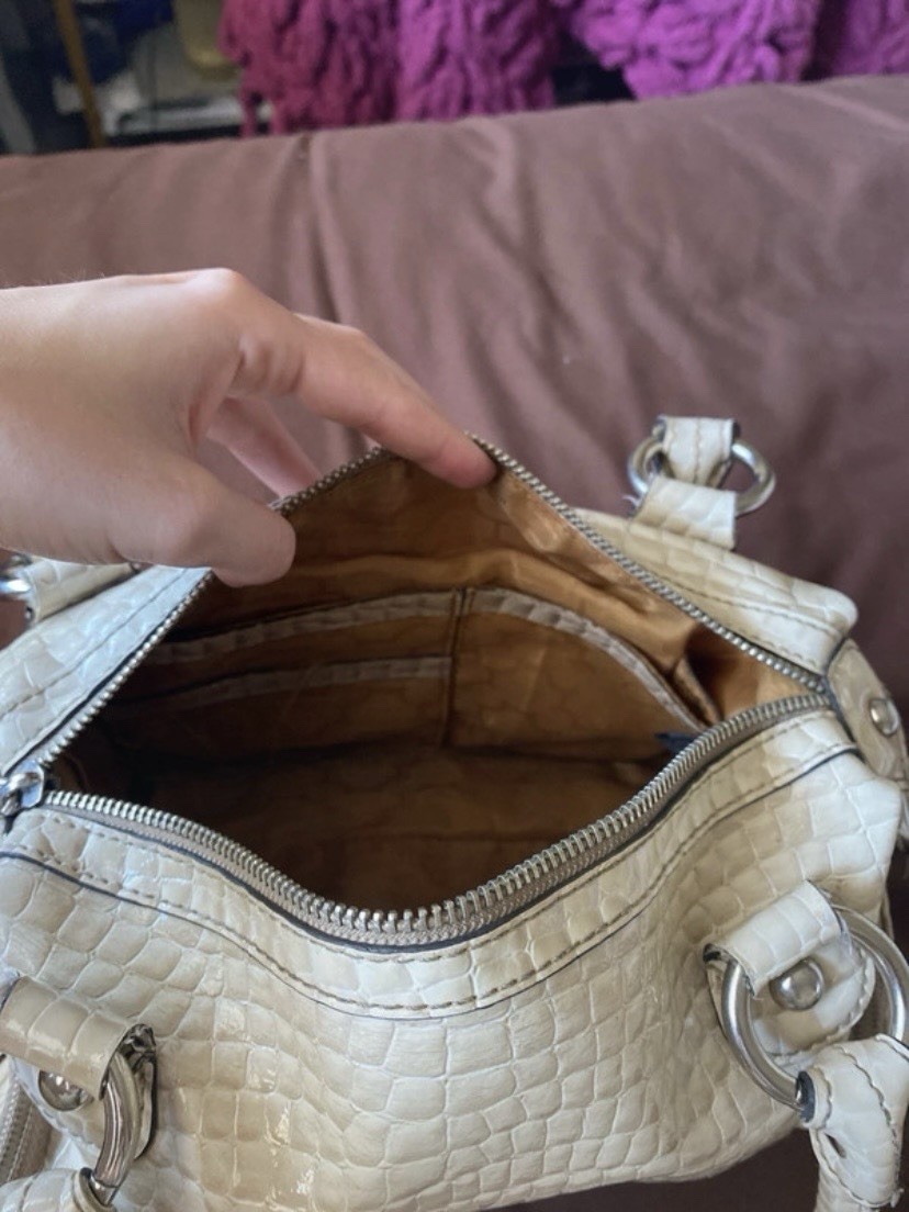Kathy Van Zeeland Beige Croc Embossed Satchel Zip Lined Pockets Strap