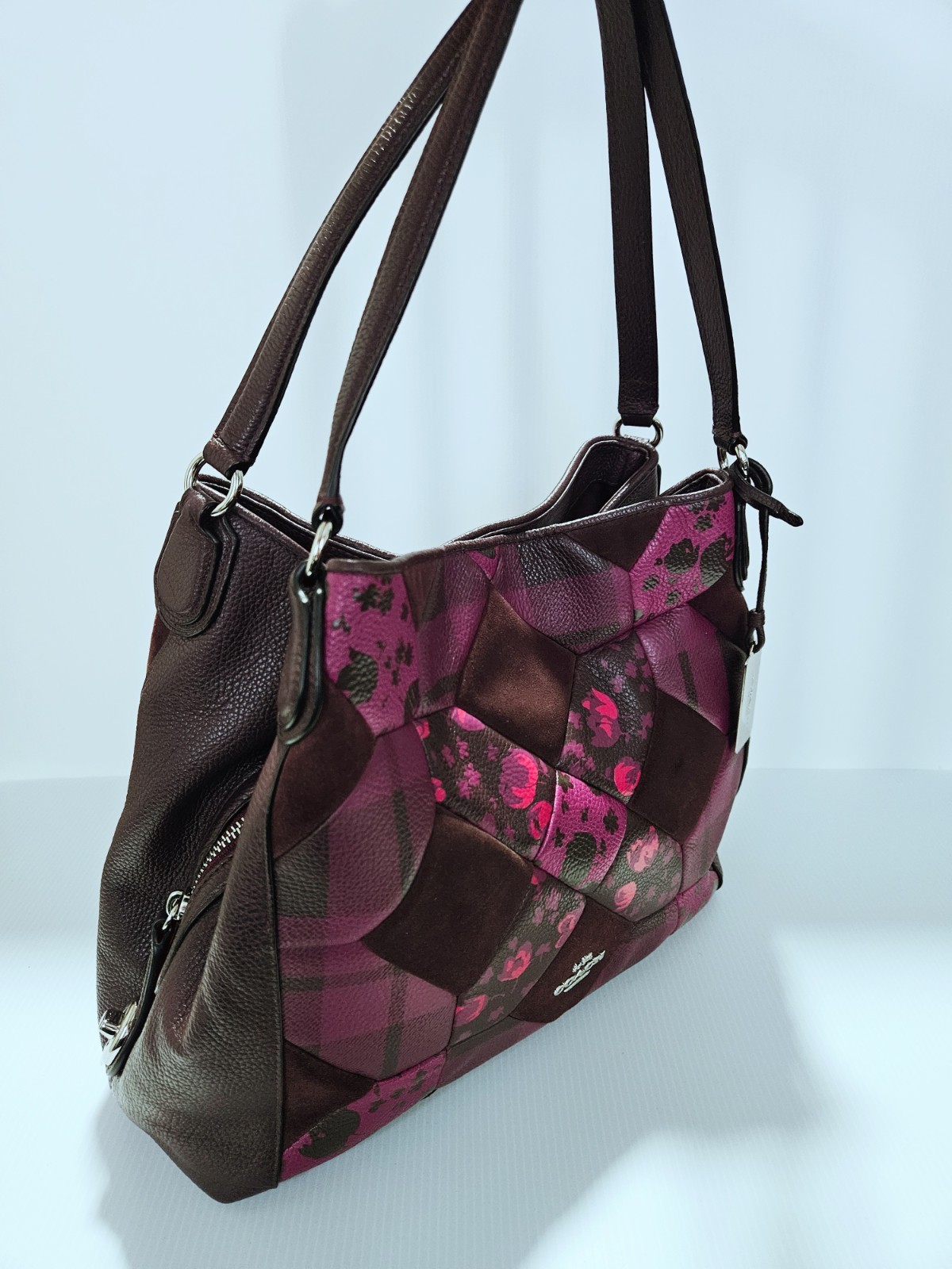Coach Oxblood Patchwork Floral Print Edie Turn Lock Leather/Suede Shoulder Bag