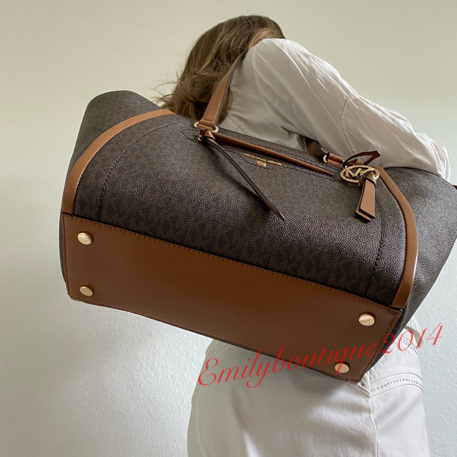 NWT Michael Kors Carine Medium Logo Tote Signature Canvas Bag in Brown Acorn