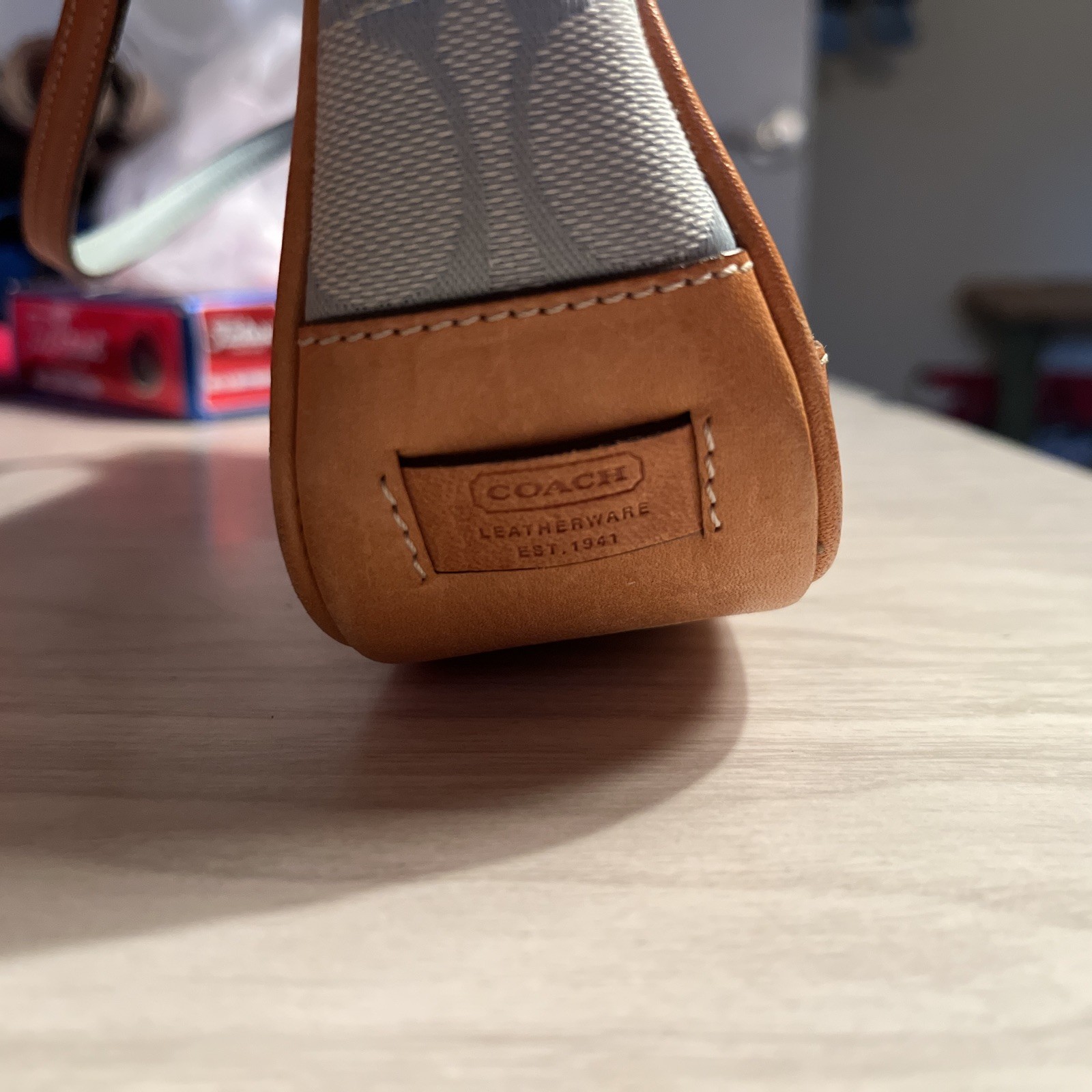 Coach Signature Demi Mini Pouch Hand Bag 6094 Light Blue Canvas Tan Leather Y2K