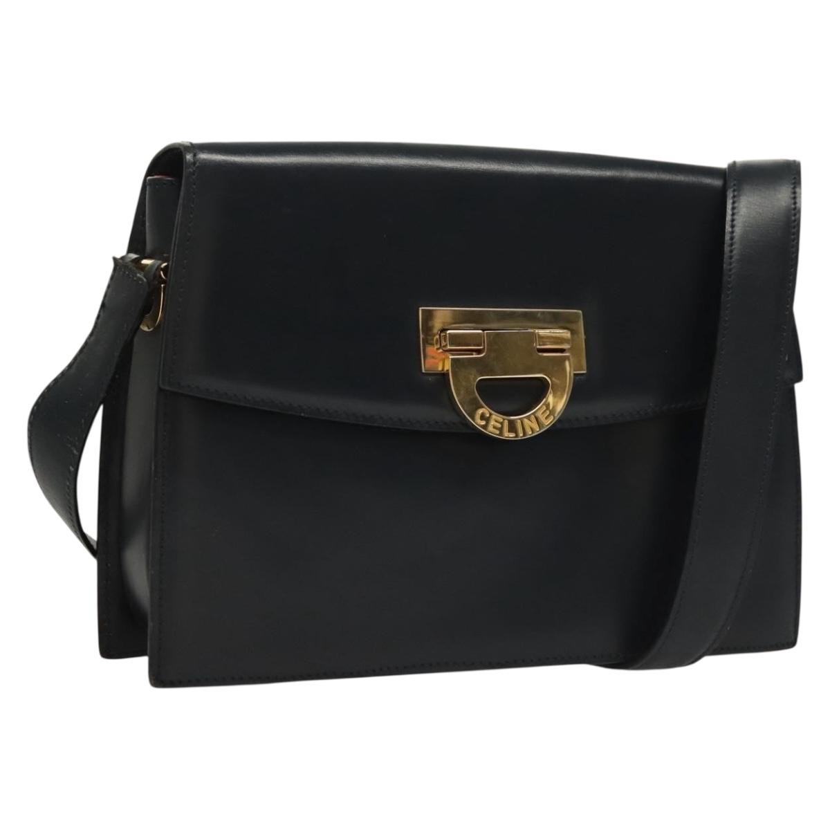 CELINE Shoulder Bag Leather Navy Gold Auth 132947