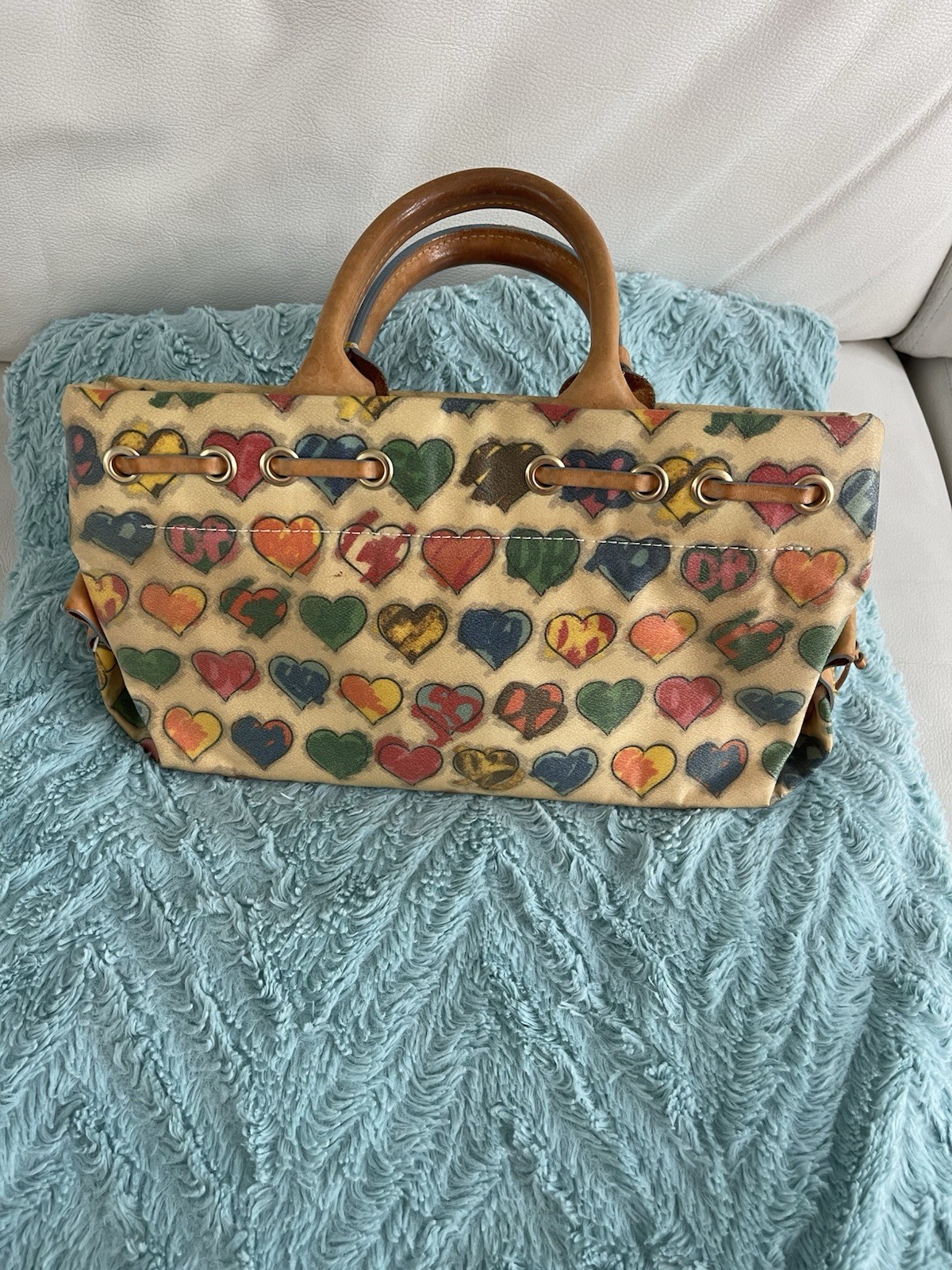 Dooney Bourke Tassel Tote Scribble Hearts Handbag Coated Canvas Leather Straps