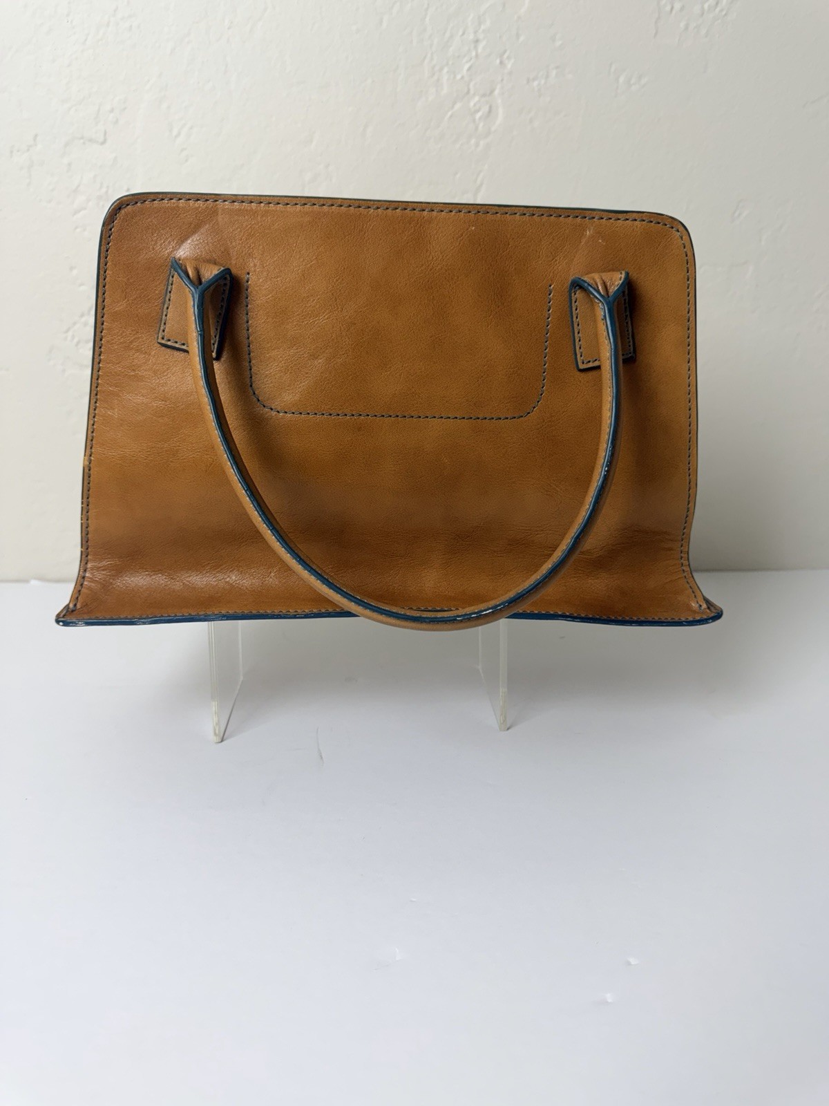 Banana Republic Cognac Leather Satchel Structured Top Handle Tote Blue Trim Bag