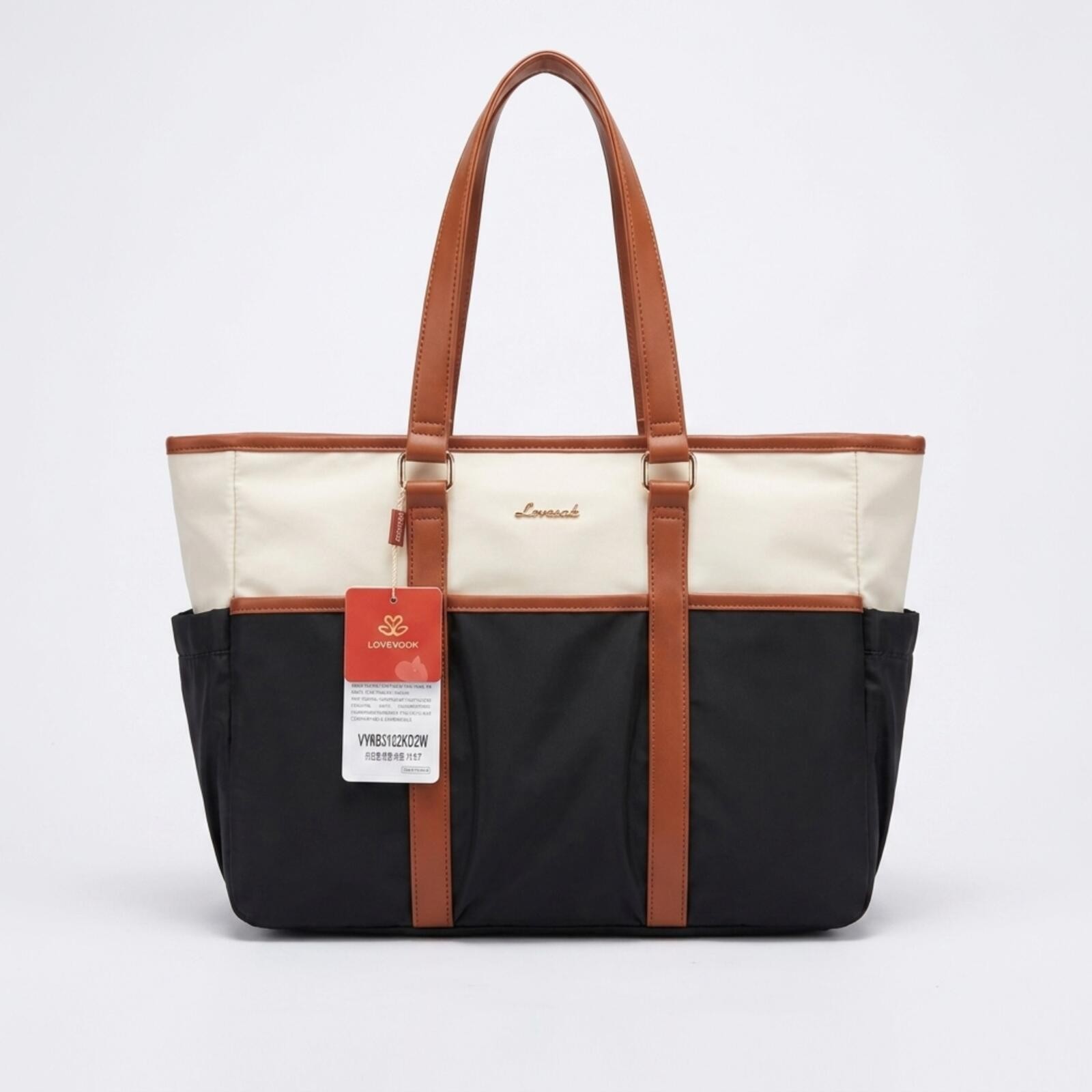 LOVEVOOK Black and Cream Tote Bag with Brown Faux Leather Trim