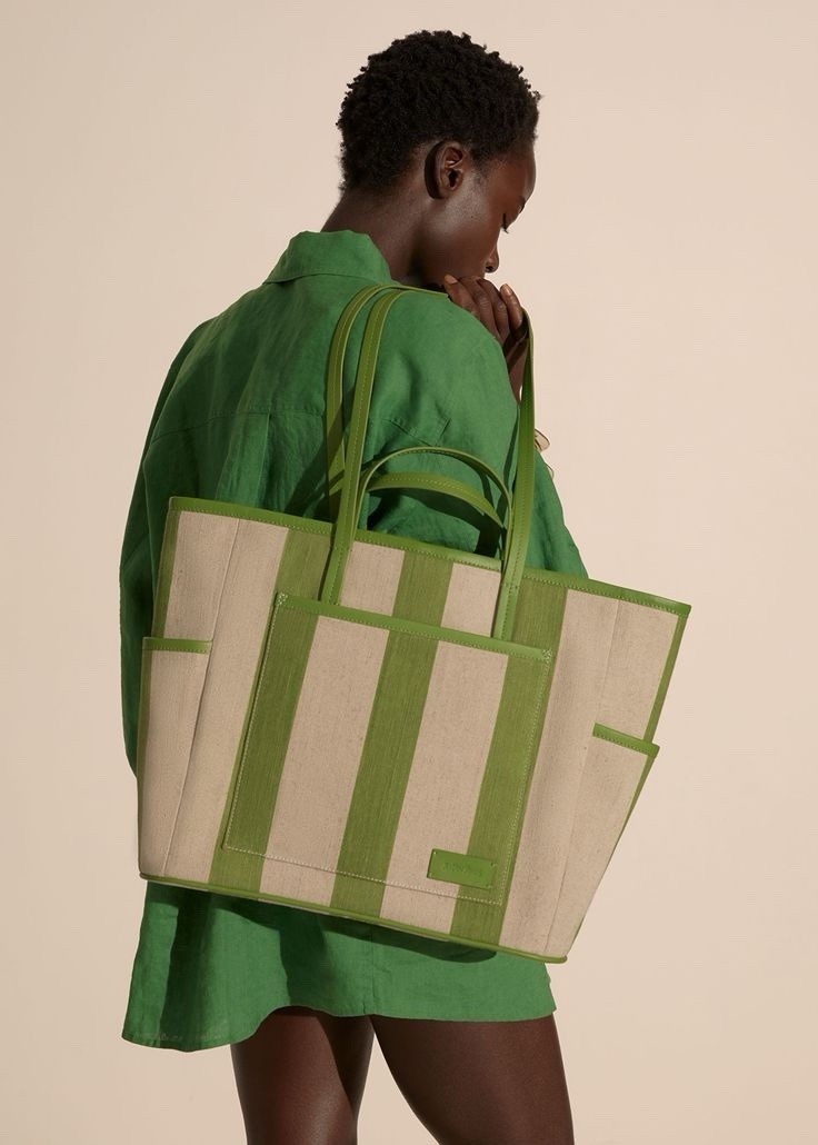 NEW & OTHER STORIES ANTHROPOLOGIE GREEN LARGE LEATHER TRIMMED CANVAS TOTE