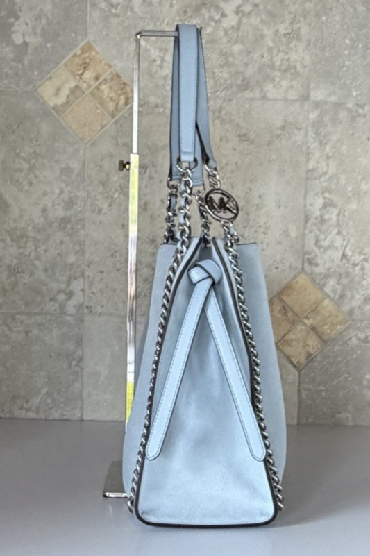 Michael Kors Mina Large Belted MK Chain Shoulder Bag Pale Ocean