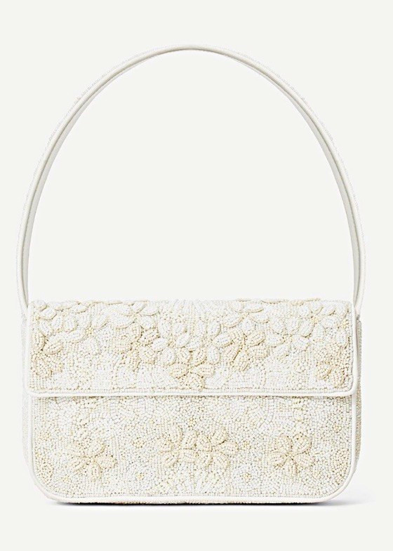 STAUD White Beaded Floral Shoulder Bag for Women with White Shoulder Strap