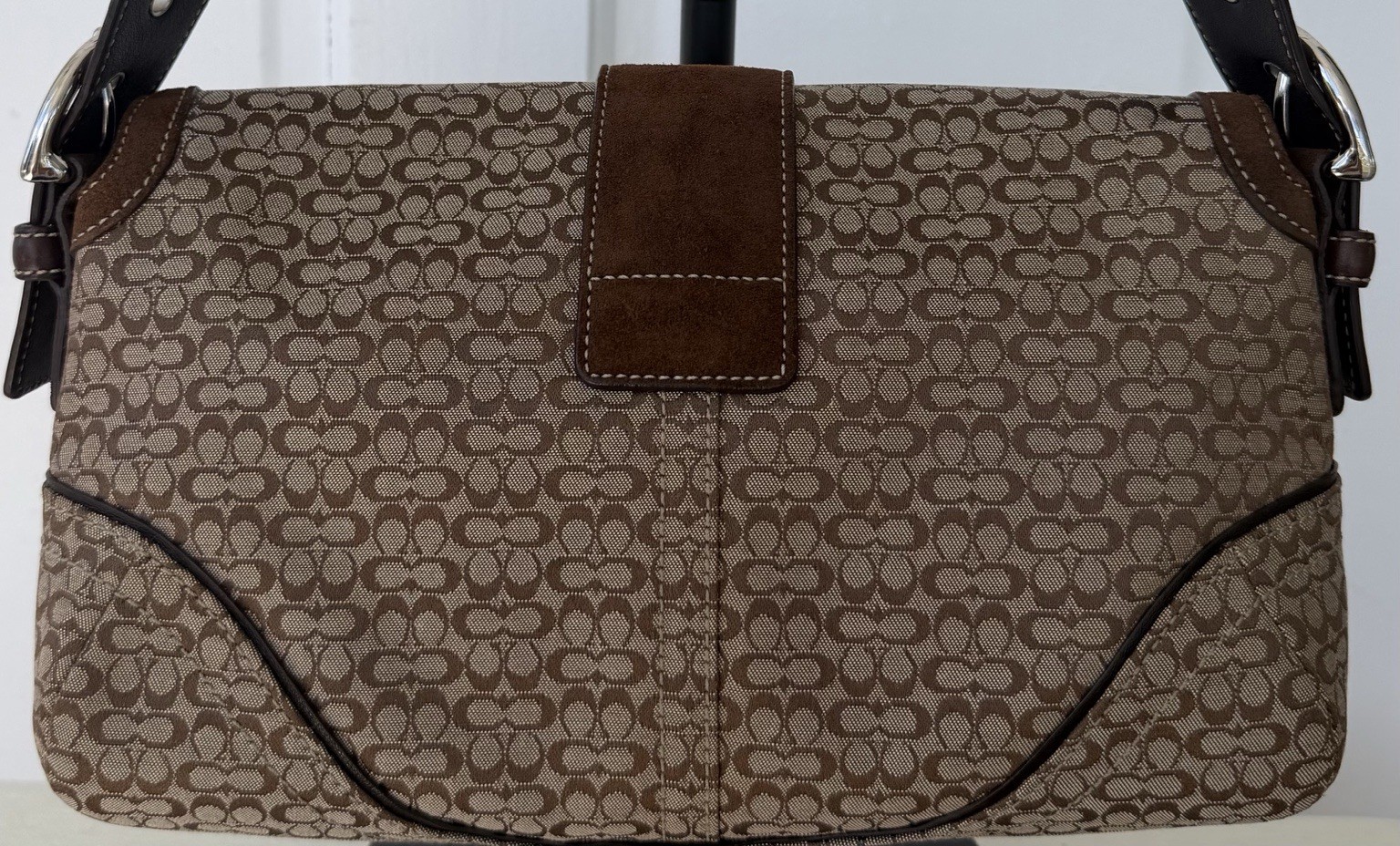 Coach Soho Signature Monogram Beige/Brown Small Shoulder Bag Buckle, Strap