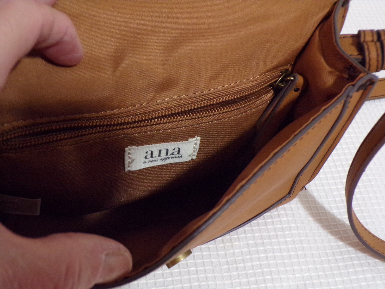 a.n.a. Brown Faux Leather Brass Hardware Adj Strap Snap Flower Crossbody Purse