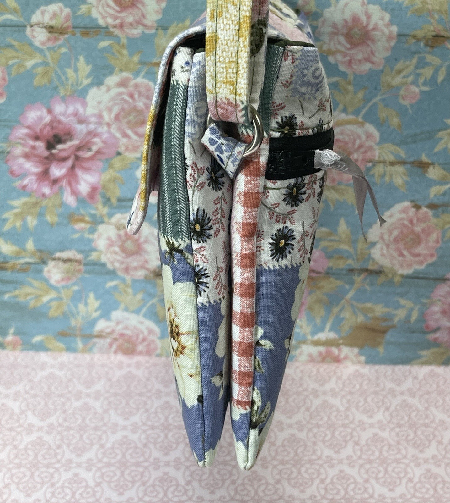 Spring Patchwork Fabric Double Pouch Phone Crossbody w Adjustable Strap Handmade