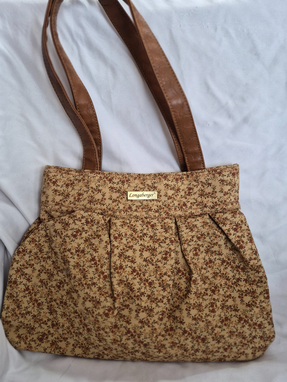 Longaberger Homestead Cotton Floral Hand Bag Purse Small Tote Beige Brown Green