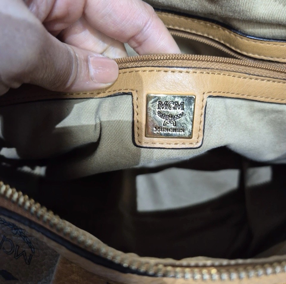 Authentic MCM Brown Visetos Logo Shoulder Bag Purse Gold Hardware Zip Pre-loved
