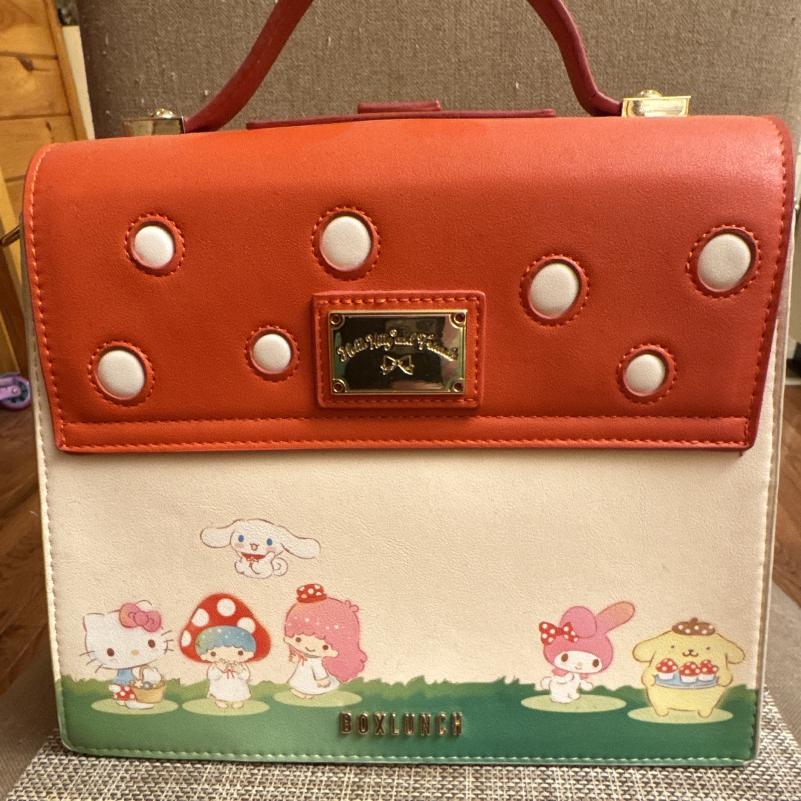 Loungefly Sanrio Mushroom House Satchel Top Handle Buckle Red/White Gold