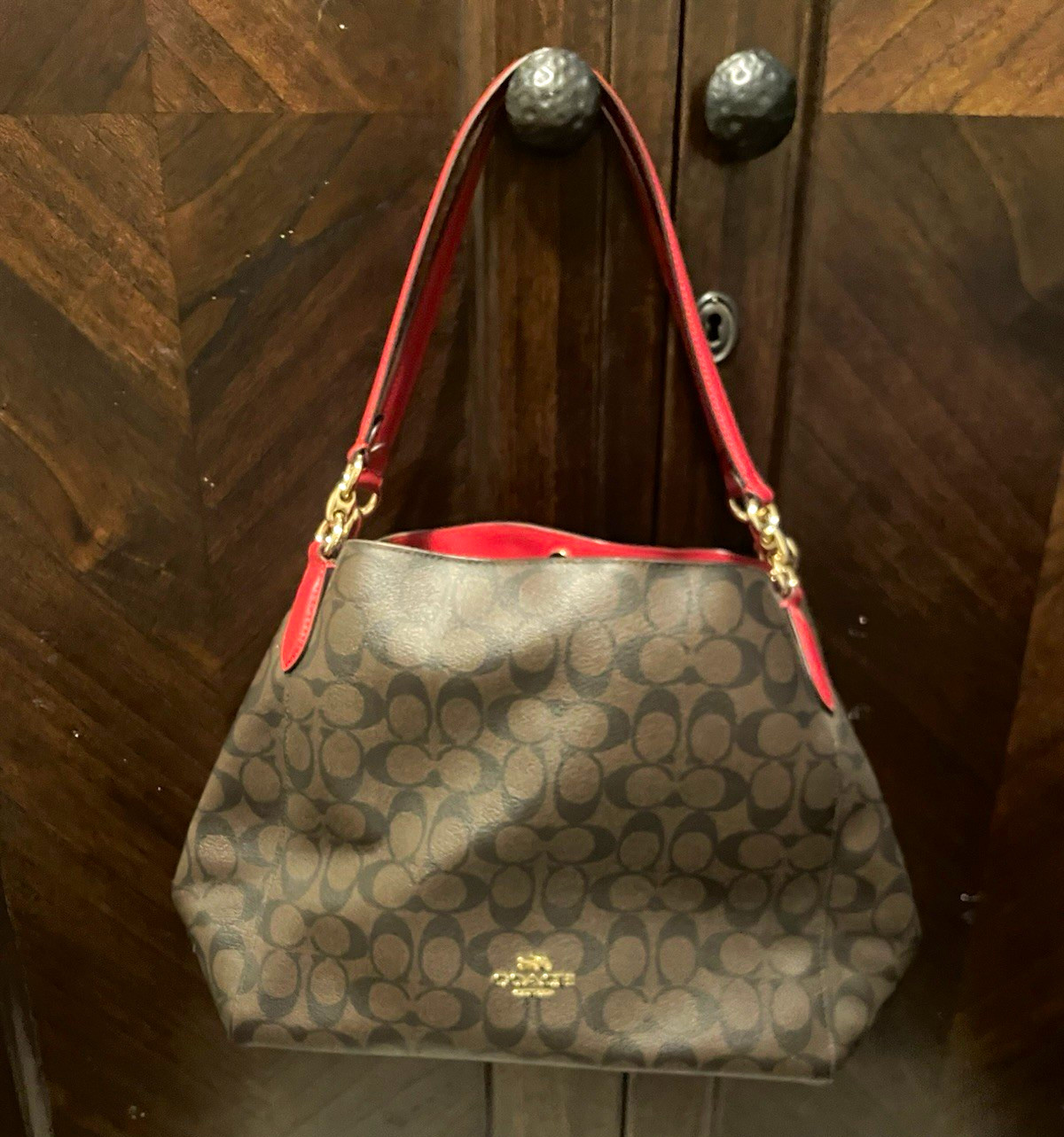 Coach Signature Logo Shoulder Bag Brown/Red Zip Closure Gold Hardware Charm