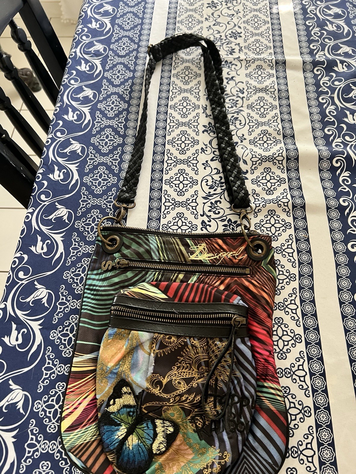 Desigual Multicolor Striped Crossbody Bag Braided Strap Zip Pockets Pouch