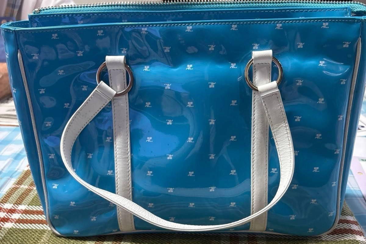 Courreges Blue Enamel Tote Bag Logo Handbag Shoulder Bag Women Width 30cm
