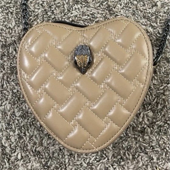 Beige Heart-Shaped Quilted Crossbody Bag w/ Black Chain Strap, Silver Zip