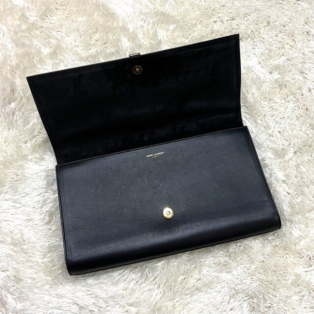 YVES SAINT LAURET Clutch Bag Gold Y Logo Black Leather Width 27.5cm Ladies w/Bag