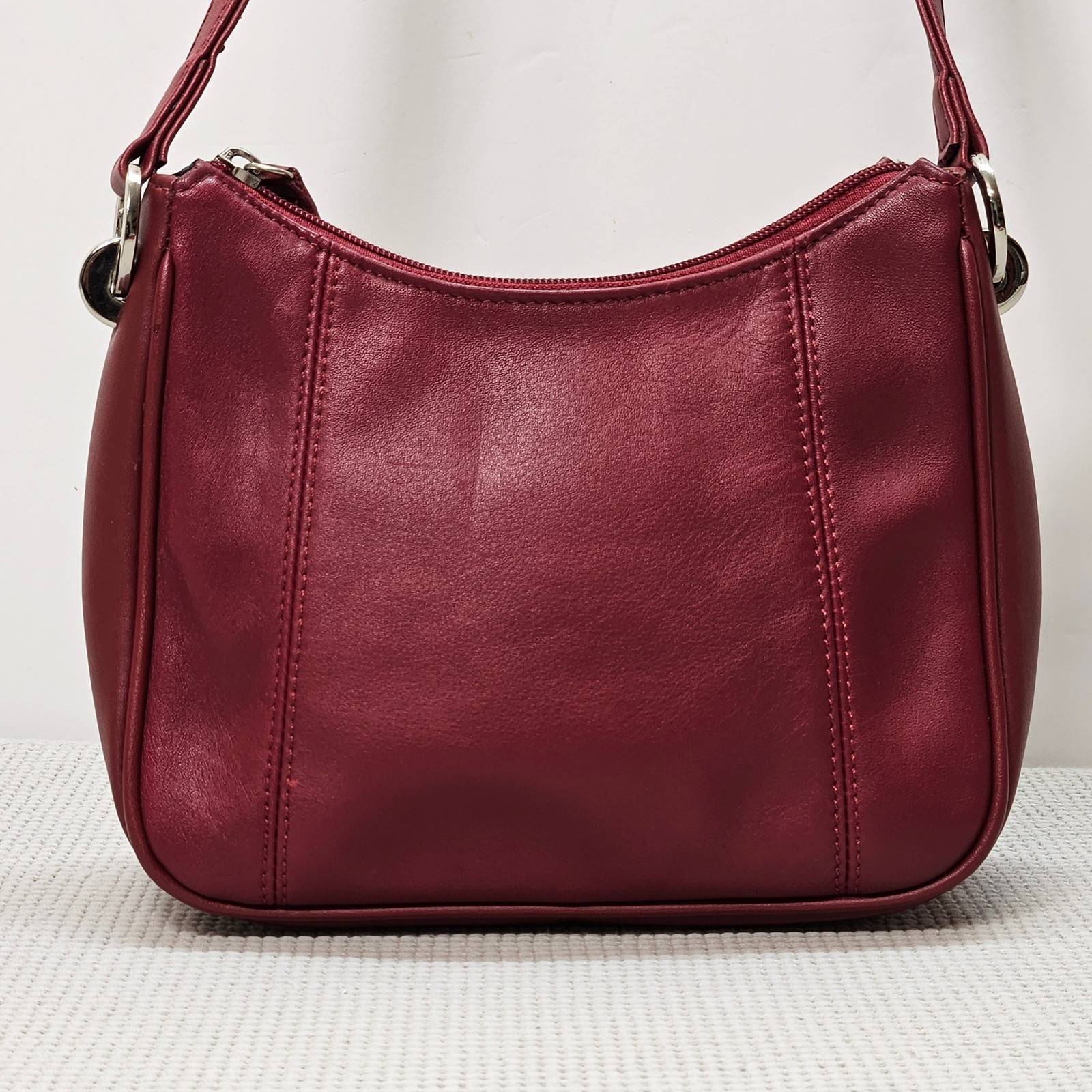 Worthington Burgundy Red Leather Small Shoulder Bag Zip Top Silver Hardware