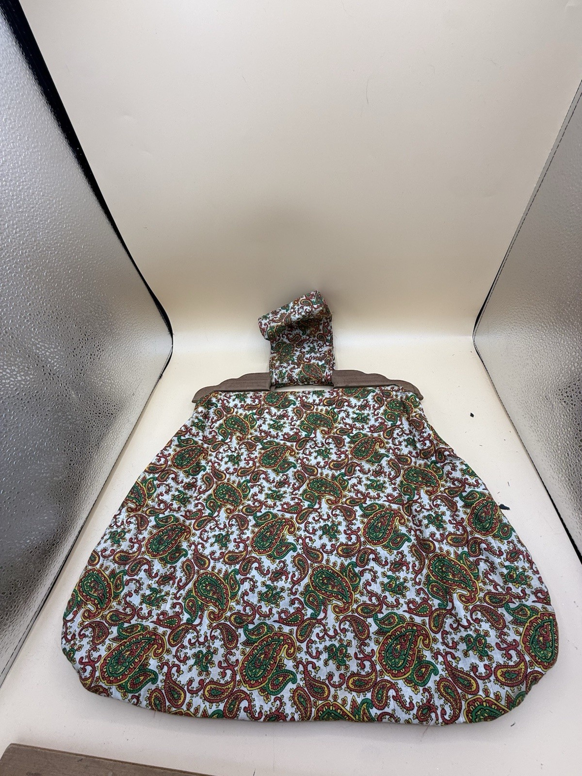 Vintage Handmade Paisley Fabric Handbag Wood Frame Slouch Purse Boho Retro Tote