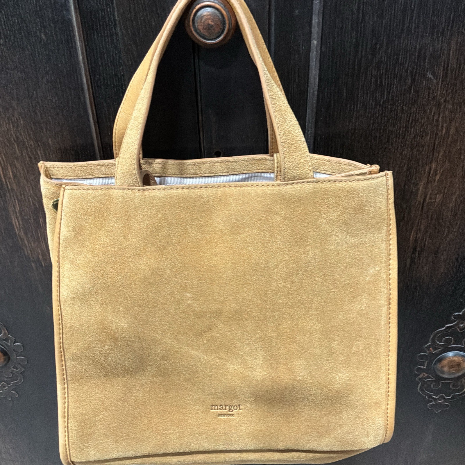 Margot New York Tan Leather Tote Bag + Matching Pochette Camel Suede Gold HW