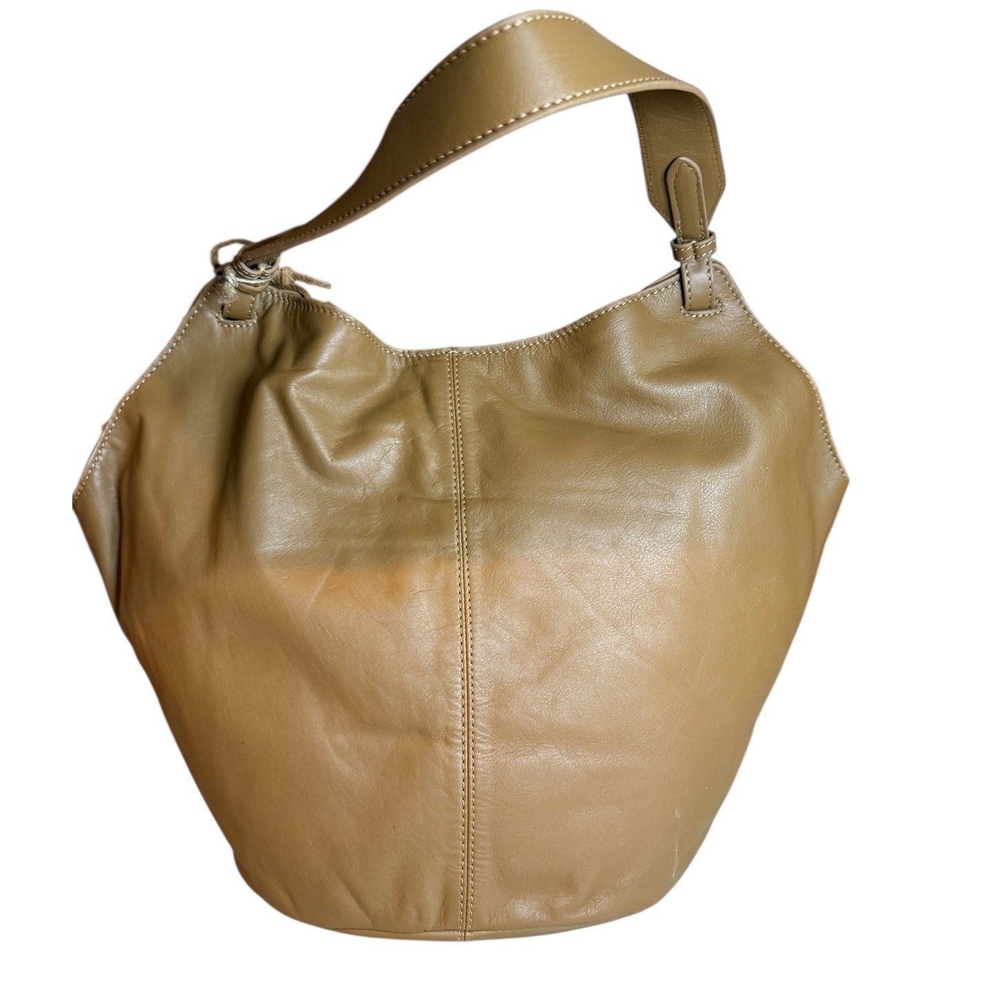 Quiet Luxury Genuine Leather Bucket Tote Bag Taupe Brown