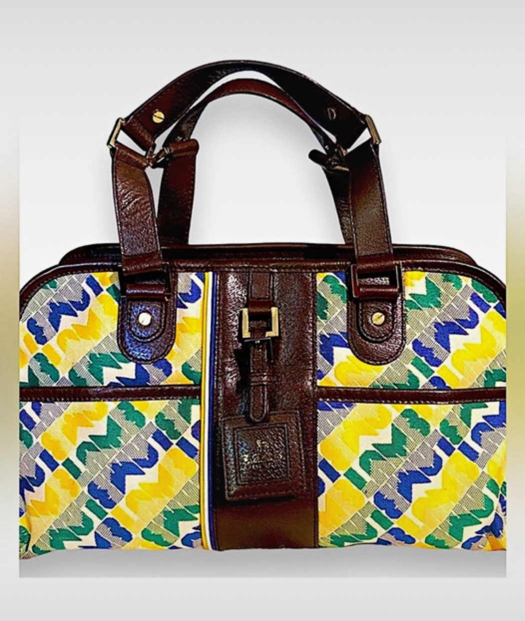 L.A.M.B Geometric Satchel Top Handle Zip Buckle Detachable Strap Gold Hardware