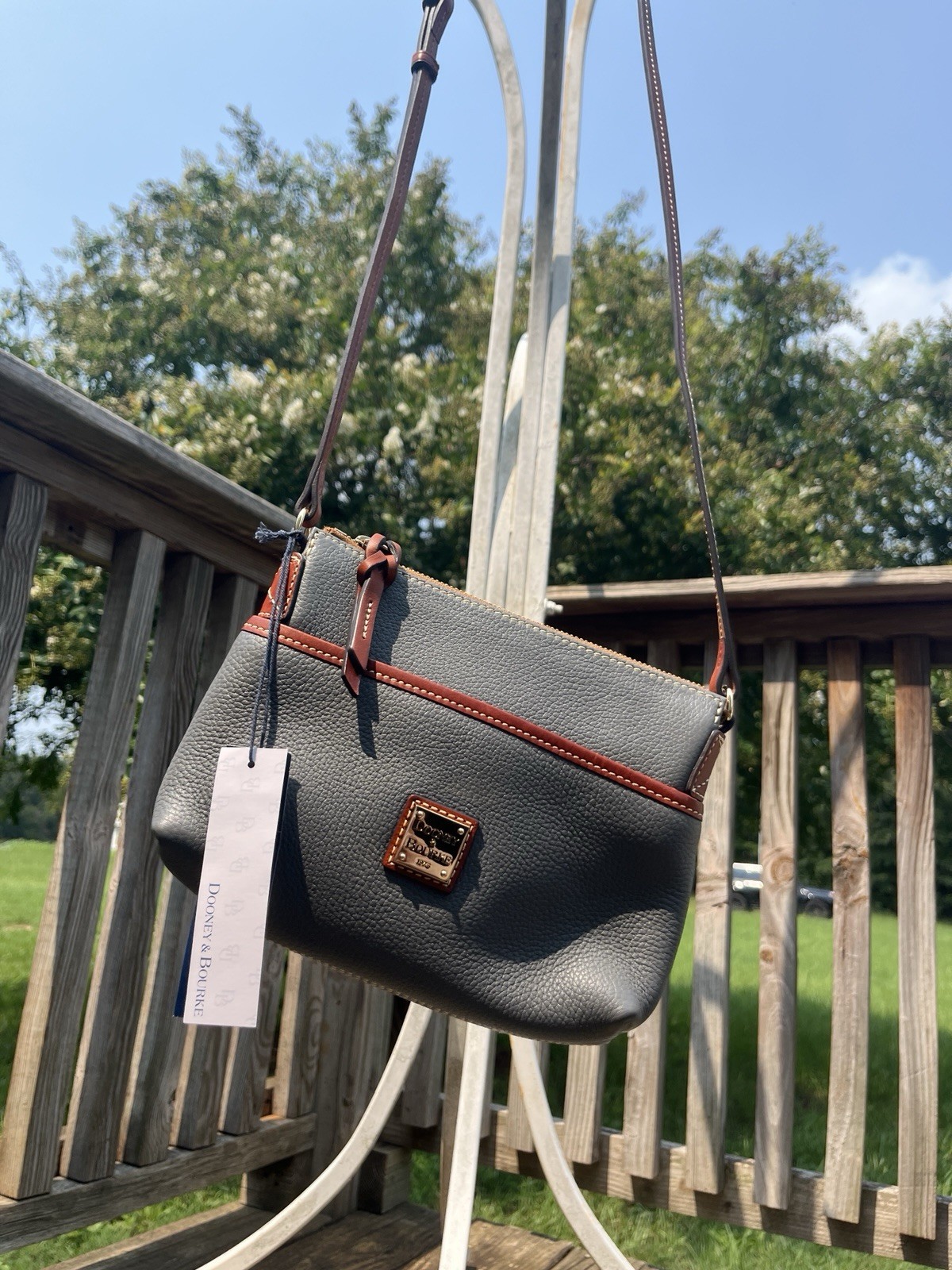 Dooney & Bourke Small Gray Crossbody Bag Brown Trim Red Lining Gold Hardware