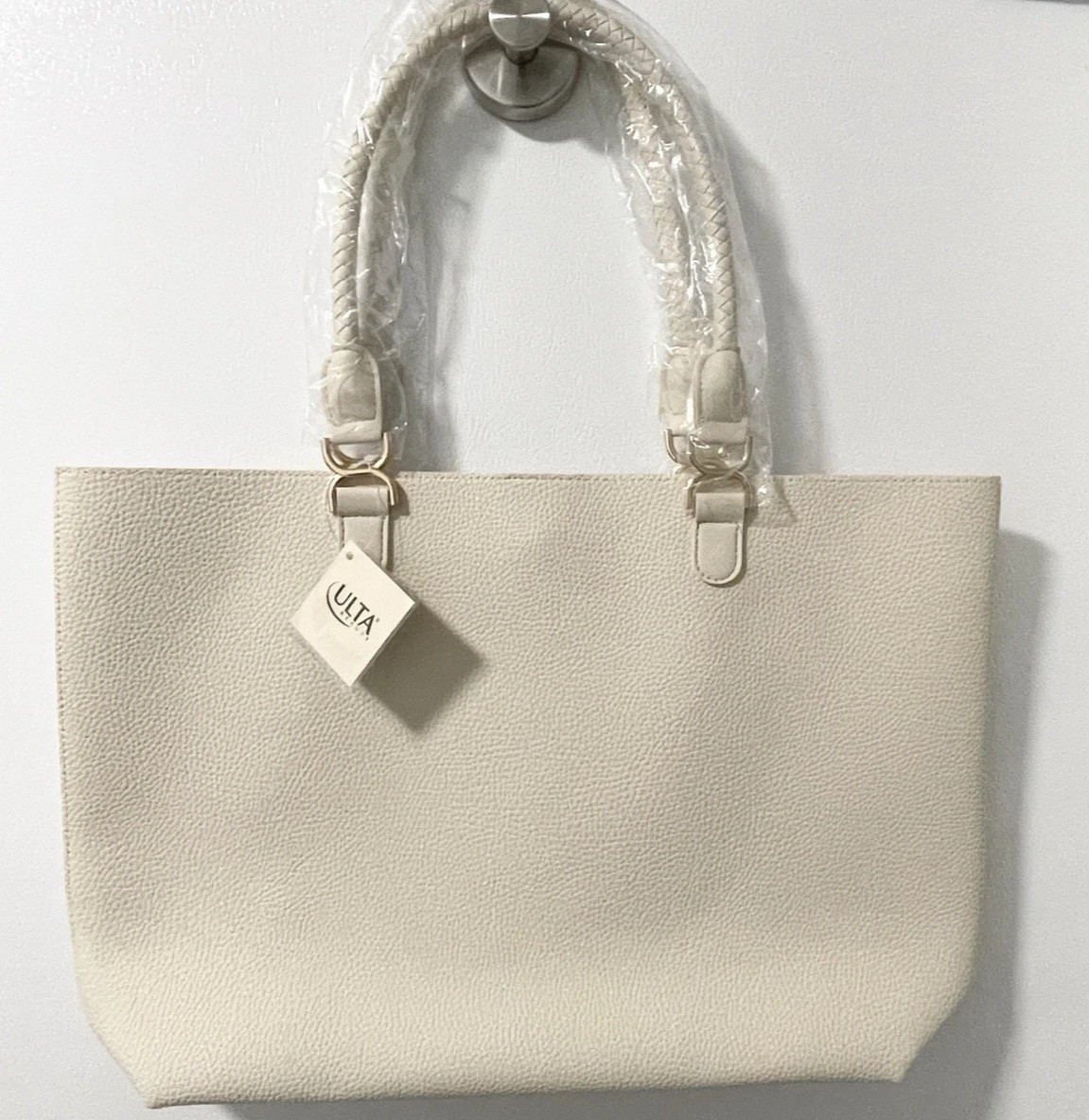 ULTA Beauty Cream Faux Leather Tote Bag Gold Hardware Large Shopper NWT Wrapped