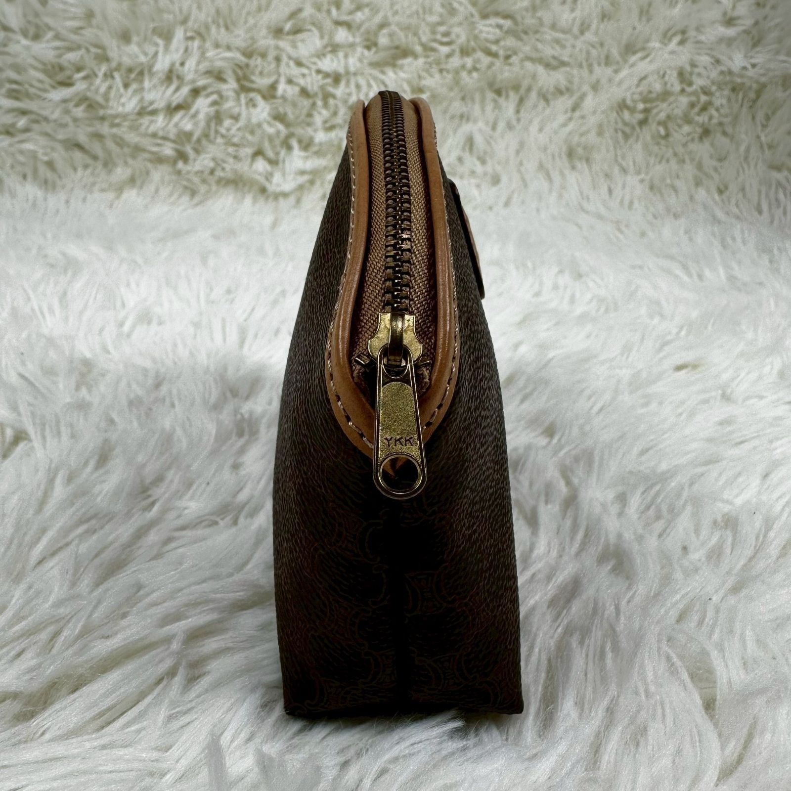 CELINE OLD MACADAM Triomphe M13 Brown Leather Makeup Pouch Cosmetic Bag Auth