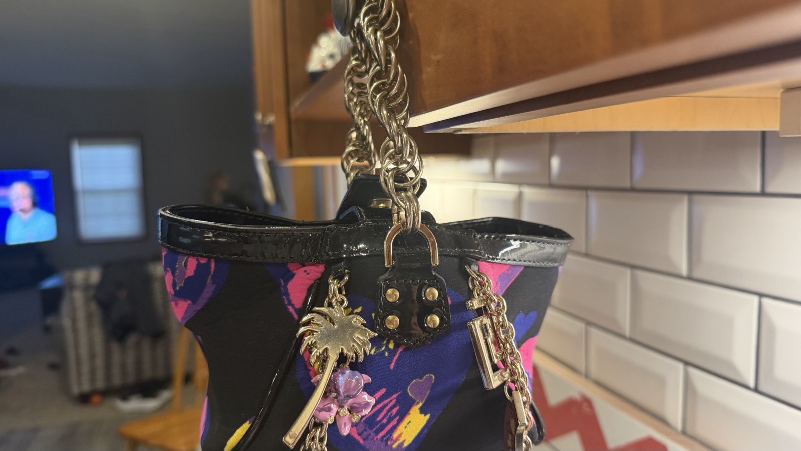Versace for H&M Silk Pink/Black Leather Designer Charms hearts Mini Bag