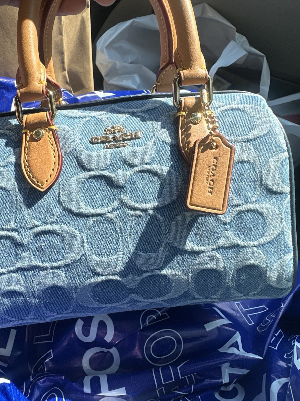 Coach Mini Rowan Crossbody Bag In Signature Denim CDQ36 Gold/Indigo Blue NWT