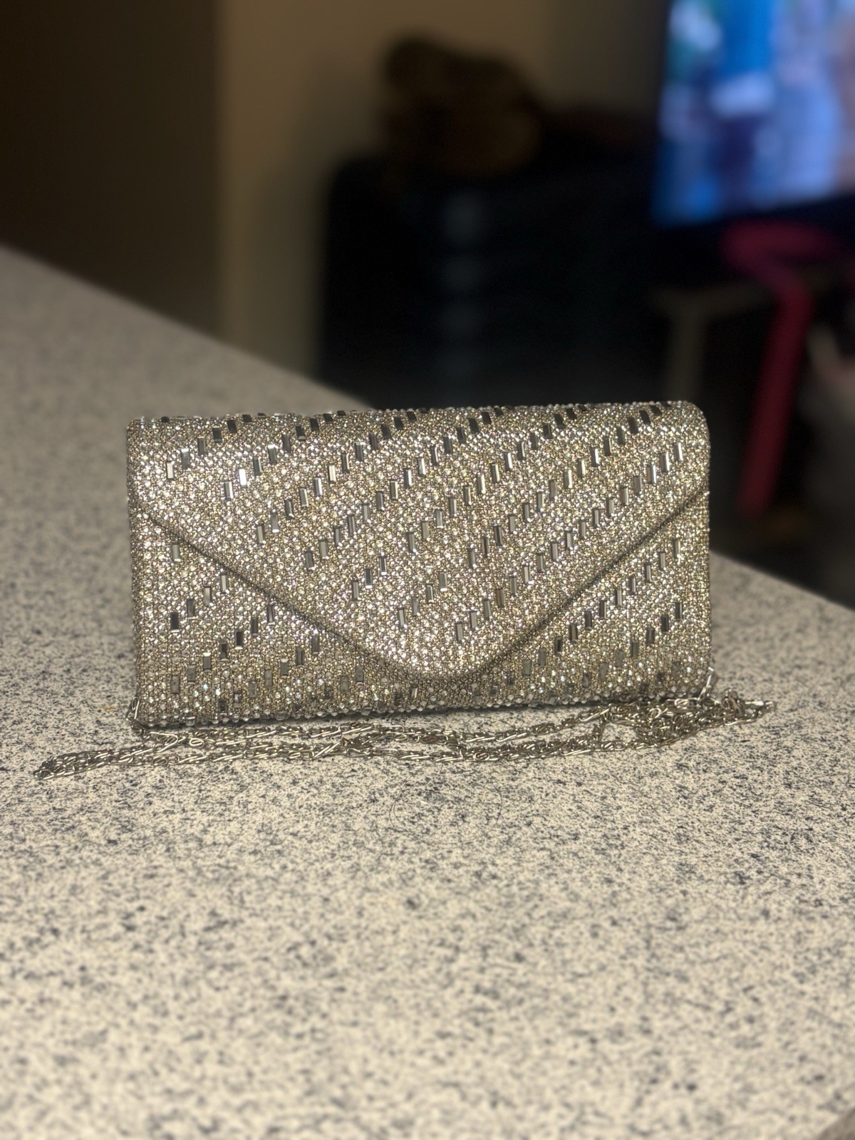 Bedazzled Clutch Bag with Silver Chain Evening Bag for Women
