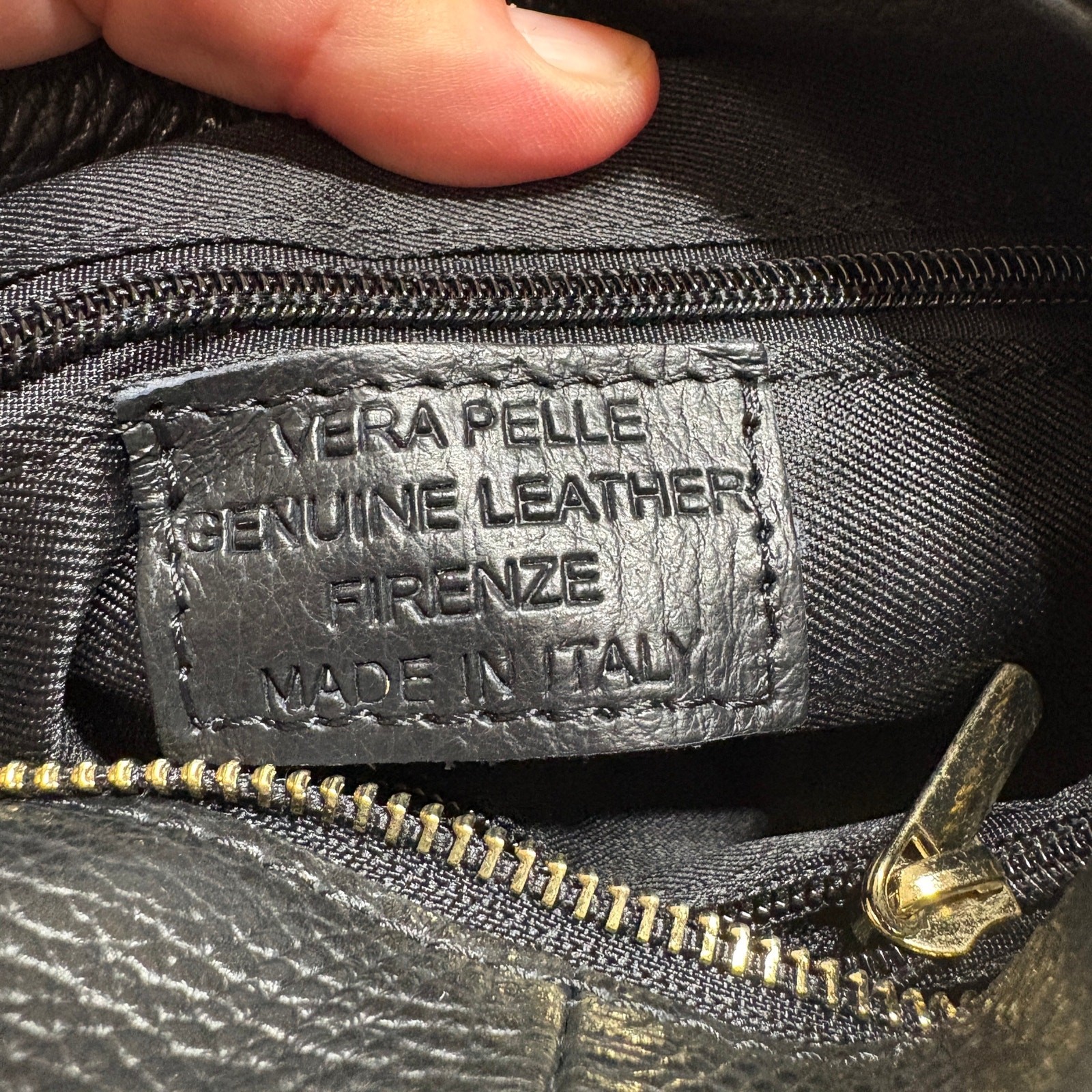 Vera Pelle Gold Top Handle Hobo Bag Black Genuine Leather Inner Zip Pocket Italy