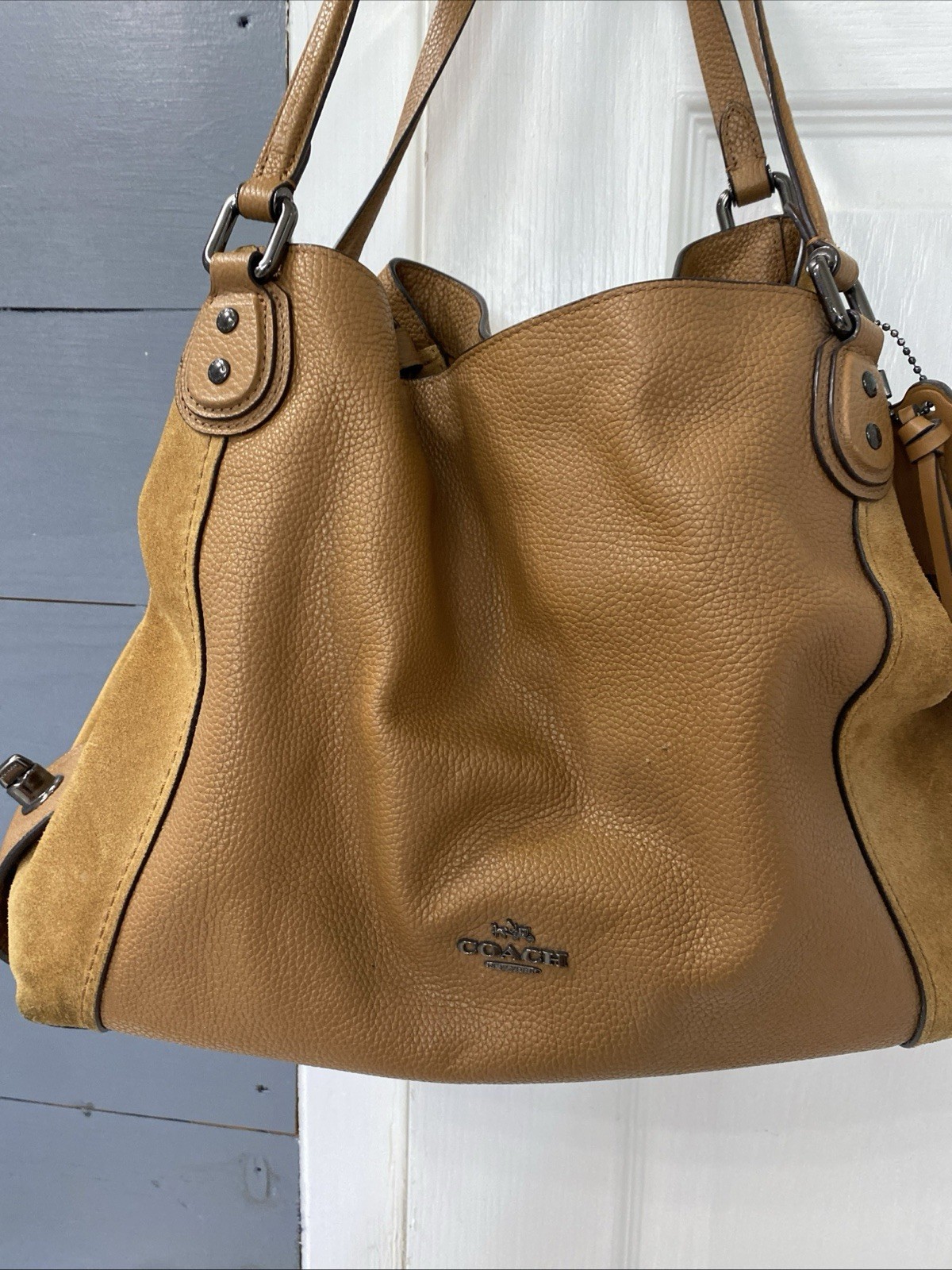 Coach Brown Pebbled Shoulder Bag Zip Turn Lock Gunmetal Hardware Bag Charm