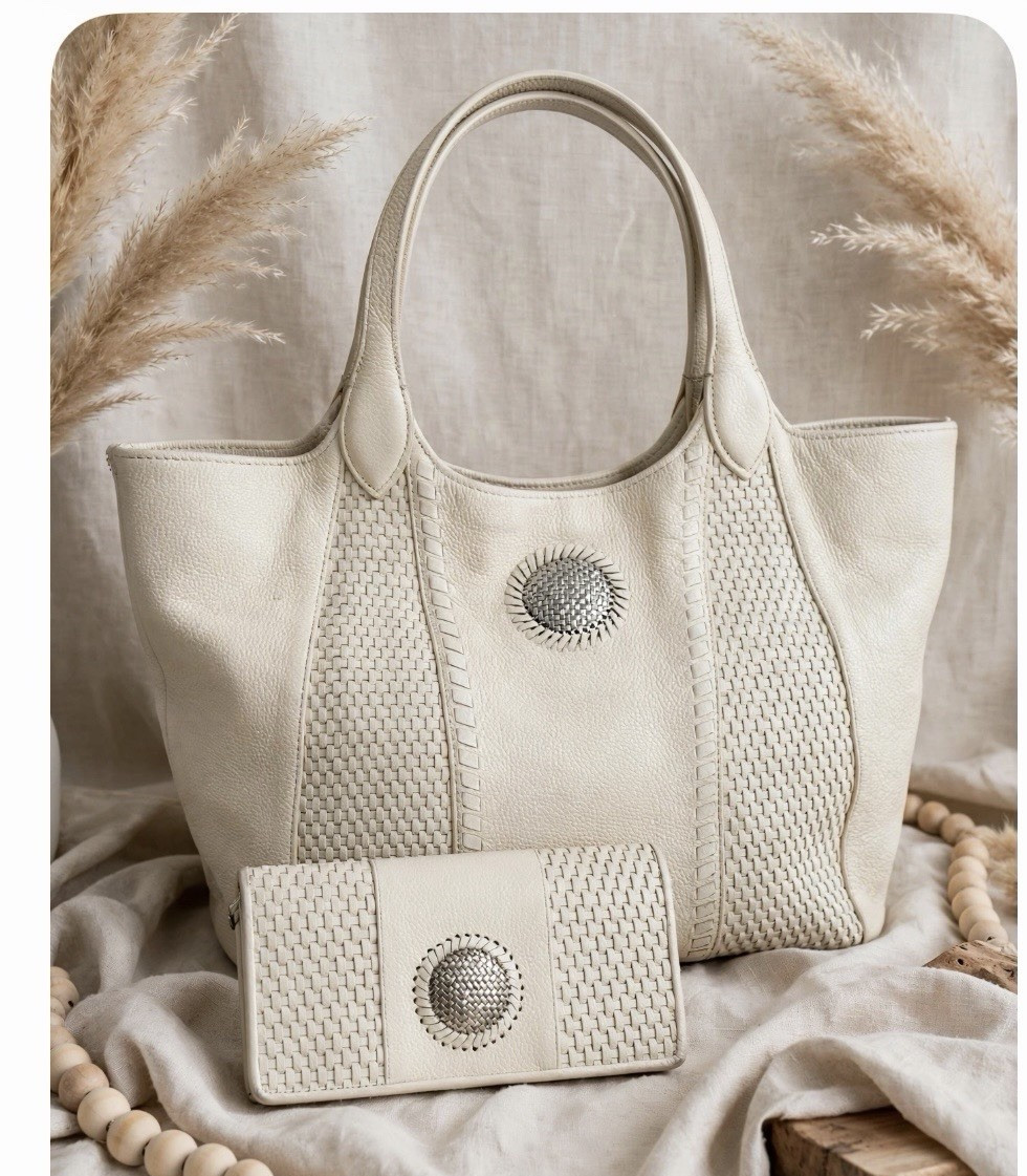 Brighton Pebbled Woven Tote Bag w/ Matching Wallet, Bottom Studs & Inner Pockets