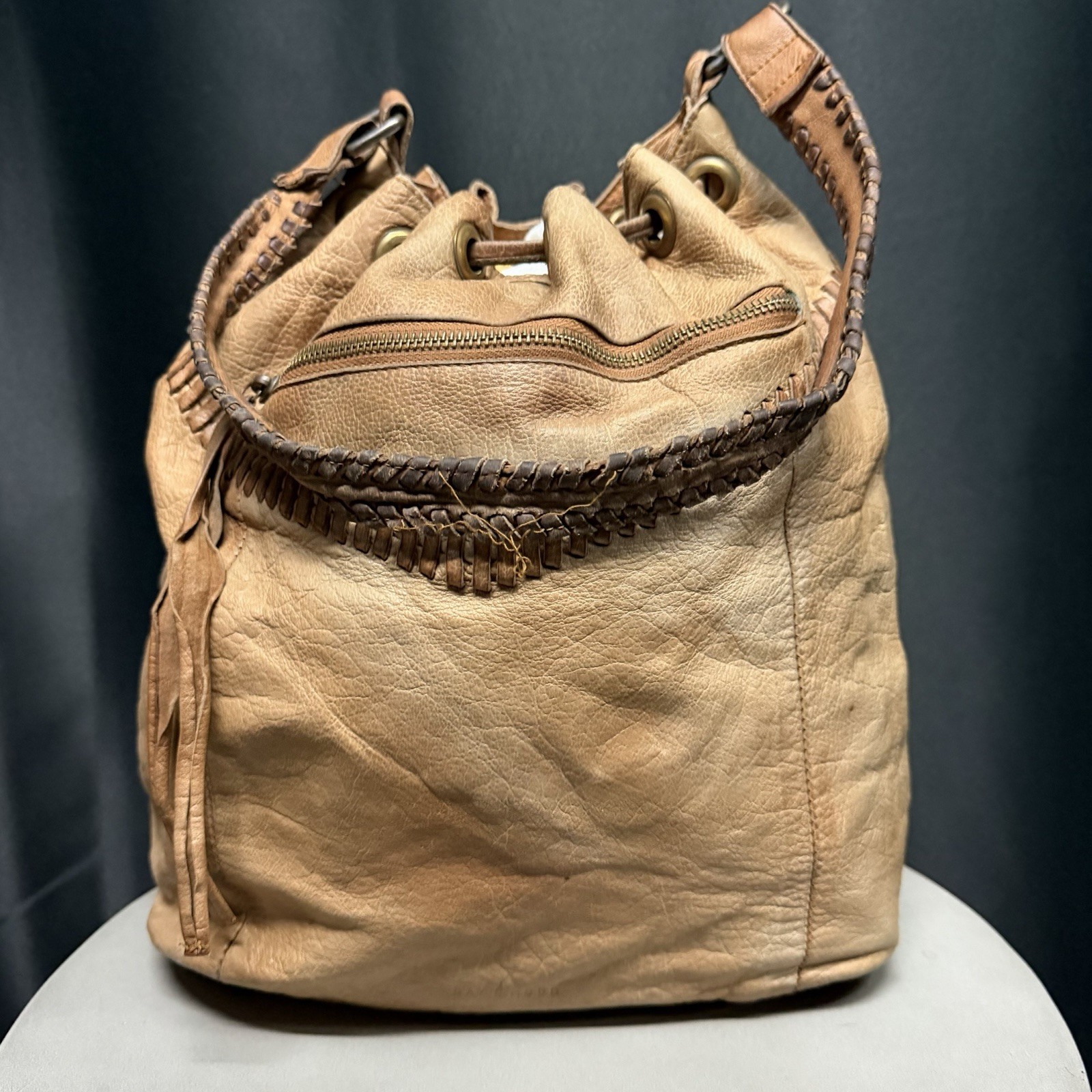 Day Mood Brown Pebble Leather Braided Strap Boho Bucket Shoulder Bag Purse