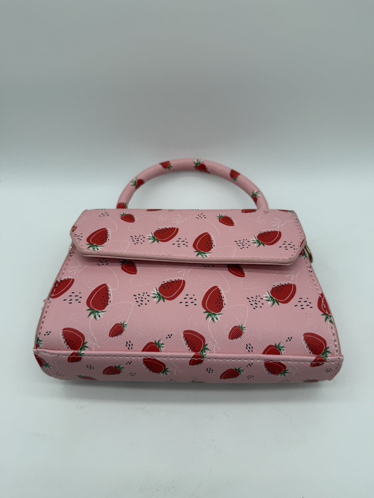 Cute Strawberry Print Mini Top Handle Crossbody Satchel Purse Pink w/ Strap NEW
