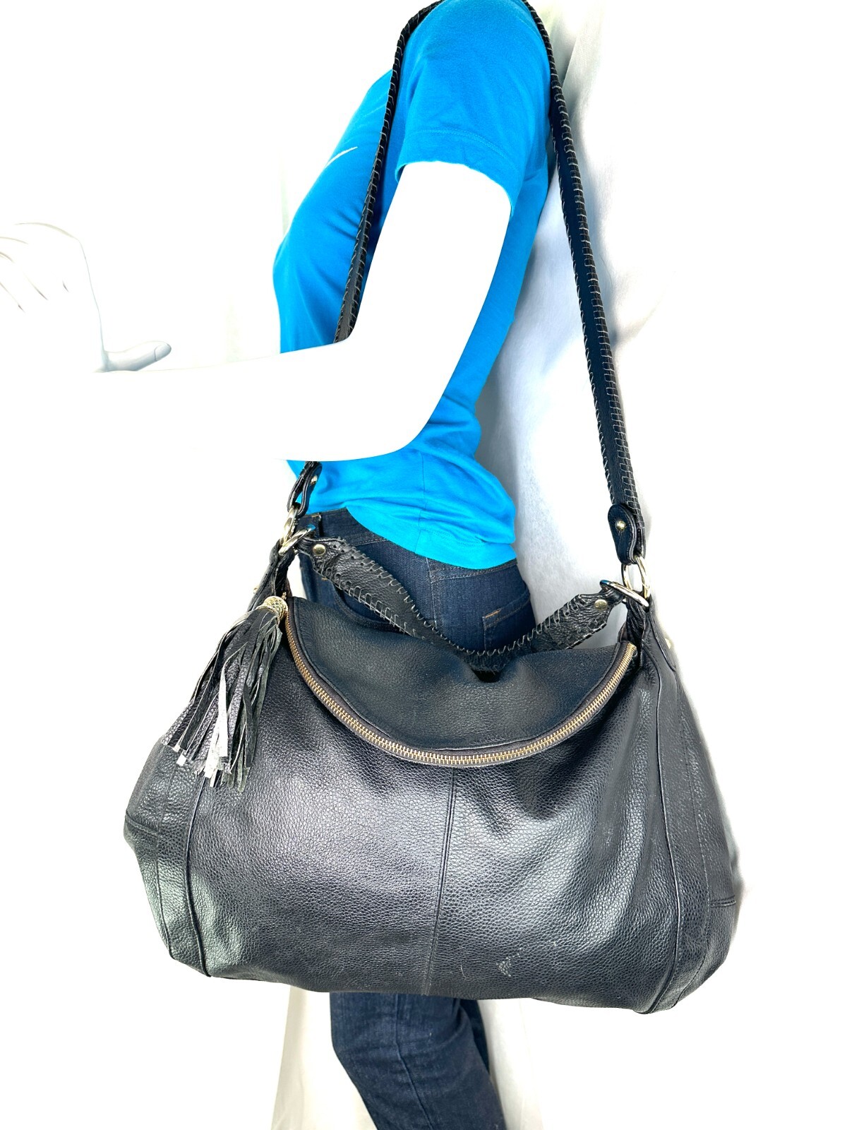 Onna Ehrlich Black Leather Hobo Large Fold Over Zip Around Shoulder Bag Tassel