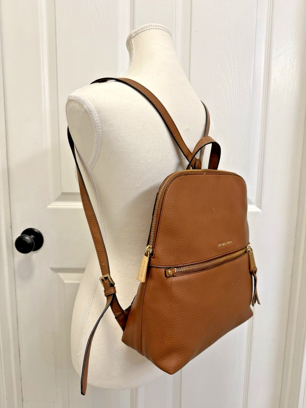 Michael Kors Rhea Slim Medium Brown Pebbled Leather Backpack Gold Trim NWT