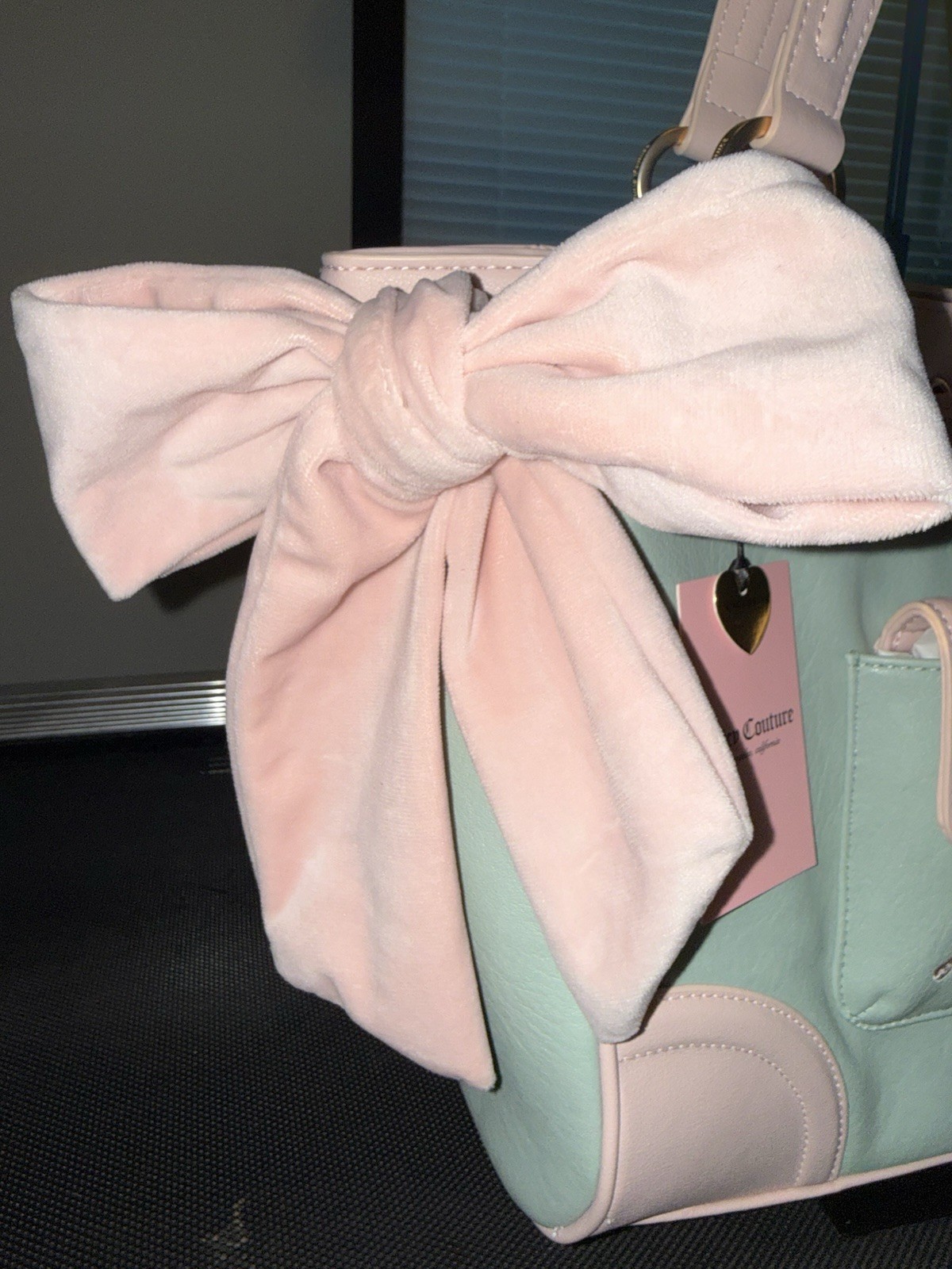 Juicy Couture Frosty Green/Pink Large Tote Bow Logo Embroidered Heart Charm